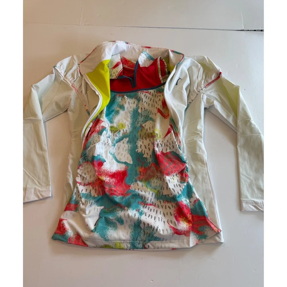 SwingDish Womens Golf Set Sleeveless Polo Top and Full Zip Jacket White Floral S